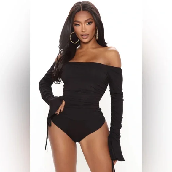 BLACK Off Shoulder Bodysuit 2XL PIT TO PIT 22” STRETCHY NWOT - Picture 3 of 8